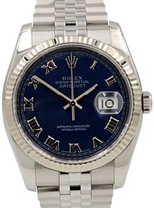 Rolex Datejust 36 Stainless Steel Blue Roman Dial Fluted White Gold Bezel Jubilee Bracelet 116234 - PRE-OWNED