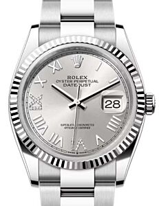 Rolex Datejust 36 White Gold/Steel New Silver Roman VI/IX Diamond Dial & Fluted Bezel Oyster Bracelet 126234 - BRAND NEW