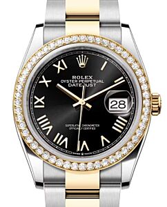 Rolex Datejust 36 Yellow Gold/Steel Bright Black Roman Dial Diamond Bezel Oyster Bracelet 126283RBR - BRAND NEW