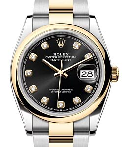 Rolex Datejust 36 Yellow Gold/Steel Bright Black Diamond Dial & Smooth Domed Bezel Oyster Bracelet 126203 - BRAND NEW