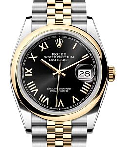 Rolex Datejust 36 Yellow Gold/Steel Bright Black Roman Dial & Smooth Domed Bezel Jubilee Bracelet 126203 - BRAND NEW