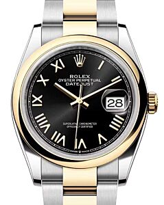 Rolex Datejust 36 Yellow Gold/Steel Bright Black Roman Dial & Smooth Domed Bezel Oyster Bracelet 126203 - BRAND NEW