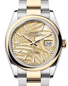 Rolex Datejust 36 Yellow Gold/Steel Golden Palm Motif Index Dial Domed Bezel Oyster Bracelet 126203 - BRAND NEW