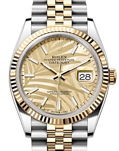 Rolex Datejust 36 Yellow Gold/Steel Golden Palm Motif Index Dial Fluted Bezel Jubilee Bracelet 126233 - BRAND NEW