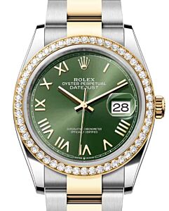 Rolex Datejust 36 Yellow Gold/Steel Olive Green Roman Dial Diamond Bezel Oyster Bracelet 126283RBR - BRAND NEW
