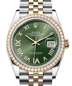 Rolex Datejust 36 Yellow Gold/Steel New Olive Green Roman Diamond VIIX Dial & Bezel Jubilee Bracelet 126283RBR - BRAND NEW