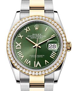 Rolex Datejust 36 Yellow Gold/Steel New Olive Green Roman Diamond VIIX Dial & Bezel Oyster Bracelet 126283RBR - BRAND NEW