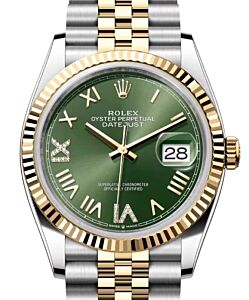 Rolex Datejust 36 Yellow Gold/Steel New Olive Green Roman Diamond VIIX Dial & Fluted Bezel Jubilee Bracelet 126233 - BRAND NEW