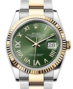 Rolex Datejust 36 Yellow Gold/Steel New Olive Green Roman Diamond VIIX Dial & Fluted Bezel Oyster Bracelet 126233 - BRAND NEW