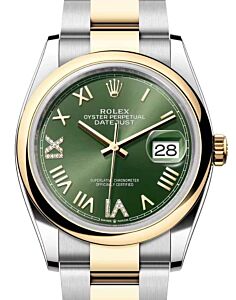 Rolex Datejust 36 Yellow Gold/Steel New Olive Green Roman Diamond VIIX Dial & Smooth Domed Bezel Oyster Bracelet 126203 - BRAND NEW