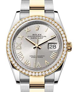 Rolex Datejust 36 Yellow Gold/Steel New Silver Roman Diamond VIIX Dial & Bezel Oyster Bracelet 126283RBR - BRAND NEW