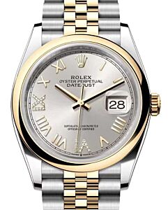 Rolex Datejust 36 Yellow Gold/Steel New Silver Roman Diamond VIIX Dial & Smooth Domed Bezel Jubilee Bracelet 126203 - BRAND NEW