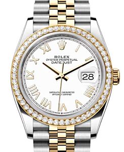 Rolex Datejust 36 Yellow Gold/Steel New White Roman Dial Diamond Bezel Jubilee Bracelet 126283RBR - BRAND NEW