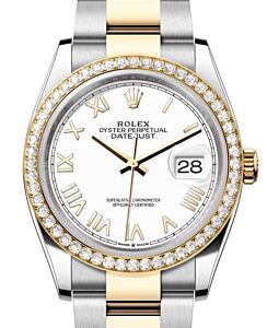 Rolex Datejust 36 Yellow Gold/Steel New White Roman Dial Diamond Bezel Oyster Bracelet 126283RBR - BRAND NEW