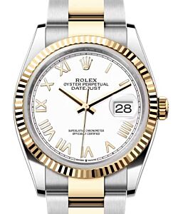Rolex Datejust 36 Yellow Gold/Steel New White Roman Dial & Fluted Bezel Oyster Bracelet 126233 - BRAND NEW