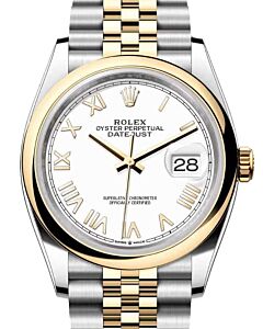 Rolex Datejust 36 Yellow Gold/Steel New White Roman Dial & Smooth Domed Bezel Jubilee Bracelet 126203 - BRAND NEW