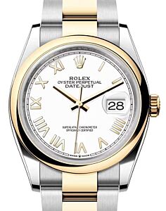 Rolex Datejust 36 Yellow Gold/Steel New White Roman Dial & Smooth Domed Bezel Oyster Bracelet 126203 - BRAND NEW