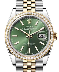 Rolex Datejust 36 Yellow Gold/Steel Olive Green Index Dial Diamond Bezel Jubilee Bracelet 126283RBR - BRAND NEW