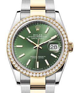 Rolex Datejust 36 Yellow Gold/Steel Olive Green Index Dial Diamond Bezel Oyster Bracelet 126283RBR - BRAND NEW