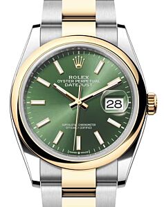 Rolex Datejust 36 Yellow Gold/Steel Olive Green Index Dial & Smooth Domed Bezel Oyster Bracelet 126203 - BRAND NEW