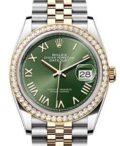 Rolex Datejust 36 Yellow Gold/Steel Olive Green Roman Dial Diamond Bezel Jubilee Bracelet 126283RBR - BRAND NEW