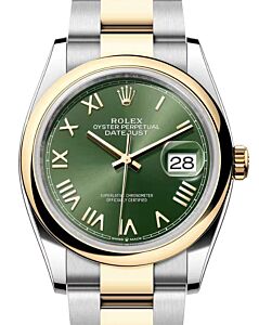 Rolex Datejust 36 Yellow Gold/Steel Olive Green Roman Dial & Smooth Domed Bezel Oyster Bracelet 126203 - BRAND NEW