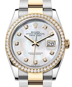 Rolex Datejust 36 Yellow Gold/Steel White Mother of Pearl Diamond Dial & Diamond Bezel Oyster Bracelet 126283RBR - BRAND NEW