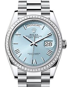 Rolex Day-Date 36 President Platinum Ice Blue Roman Dial Diamond Baguette Bezel 128396TBR