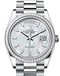 Rolex Day-Date 36 President Platinum White Mother of Pearl Baguette Diamond Dial & Bezel 128396TBR