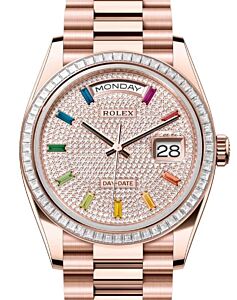 Rolex Day-Date 36 President Rose Gold Diamond Paved Rainbow Sapphires Dial 128395TBR