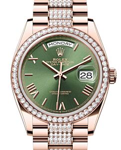 Rolex Day-Date 36 President Rose Gold Olive Green Dial Diamond Bezel & Bracelet 128345RBR