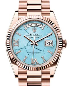 Rolex Day-Date 36 President Rose Gold Turquoise "Tiffany" Diamond Dial Fluted Bezel 128235