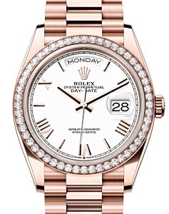Rolex Day-Date 36 President Rose Gold White Roman Dial Diamond Bezel 128345RBR