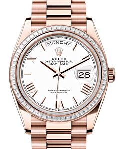 Rolex Day-Date 36 President Rose Gold White Roman Dial Diamond Baguette Bezel 128395TBR