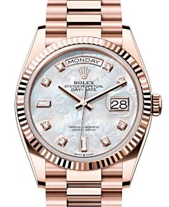 Rolex Day-Date 36 President Rose Gold White Mother of Pearl Diamond Dial Fluted Bezel 128235