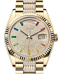 Rolex Day-Date 36 President Yellow Gold Rainbow Colored Sapphires Dial Fluted Bezel Diamond Bracelet 128238