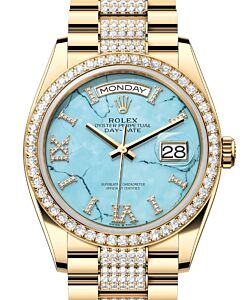 Rolex Day-Date 36 President Yellow Gold Turquoise "Tiffany" Dial Diamond Bezel & Bracelet 128348RBR