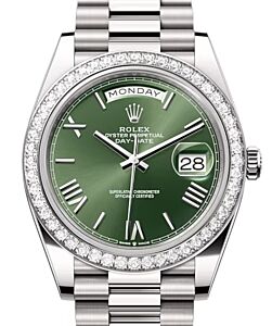 Rolex Day-Date 40 President White Gold Olive Green Roman Dial Diamond Bezel 228349RBR