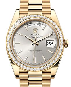 Rolex Day-Date 40 Yellow Gold Silver Index Dial & Diamond Bezel President Bracelet 228348RBR - BRAND NEW