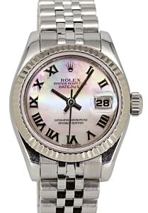 Rolex Lady-Datejust 26 White Mother of Pearl MOP Roman Dial Fluted White Gold Stainless Steel Jubilee 179174 - PRE-OWNED