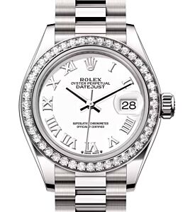 Rolex Lady Datejust 28 White Gold White Roman Dial & Diamond Bezel President Bracelet 279139RBR - BRAND NEW