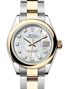 Rolex Lady Datejust 28 Yellow Gold/Steel White Mother of Pearl Diamond Dial & Smooth Domed Bezel Oyster Bracelet 279163 - BRAND NEW
