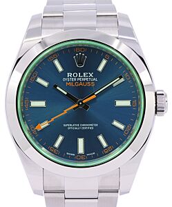 Rolex Milgauss Stainless Steel Blue Index Dial & Smooth Domed Bezel Green Crystal Oyster Bracelet 116400GV 116400V - PRE-OWNED