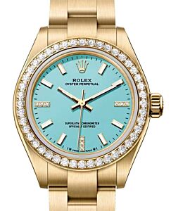 Rolex Oyster Perpetual 28 Yellow Gold Turquoise Blue Diamond Dial & Bezel 276248RBR - BRAND NEW