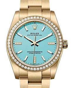 Rolex Oyster Perpetual 34 Yellow Gold Turquoise Blue Diamond Dial & Bezel 124248RBR - BRAND NEW