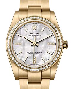 Rolex Oyster Perpetual 34 Yellow Gold White Mother of Pearl Diamond Dial & Bezel 124248RBR - BRAND NEW