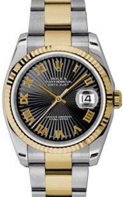 「かわいい～！」 36 Datejust Rolex 116233-BKSRFO Fluted Roman Sunbeam Black トップス