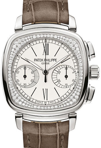 Patek Philippe 7071G 001 Complications Ladies Chronograph 35 39mm Silver Opaline Roman White Gold Diamond Set Leather Manual BRAND NEW
