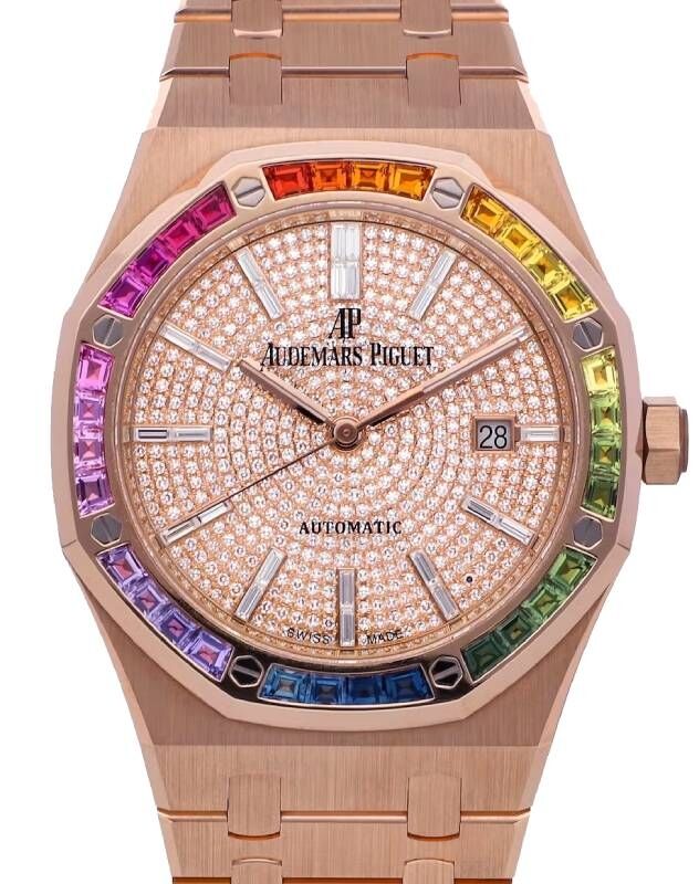 Audemars Piguet Royal Oak Pink Rose Gold Rainbow Sapphires Diamond Paved Dial 15413OR.YY.1220OR.01