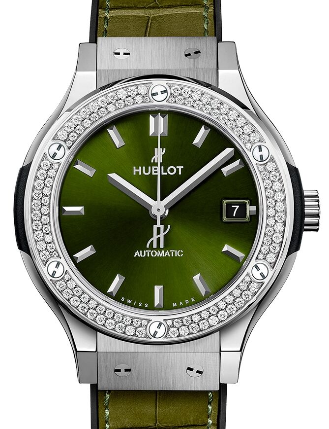 贅沢 Hublot Classic Strap Leather Bezel Diamond Dial Green Fusion 靴